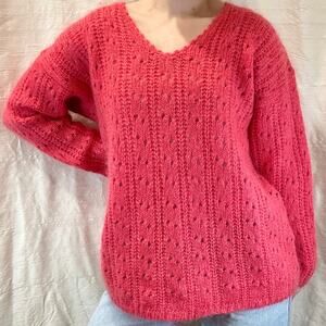 VTG Sostanza Hot Pink Mohair Blend Open Knit Crochet Sweater Small Cozycore Boho